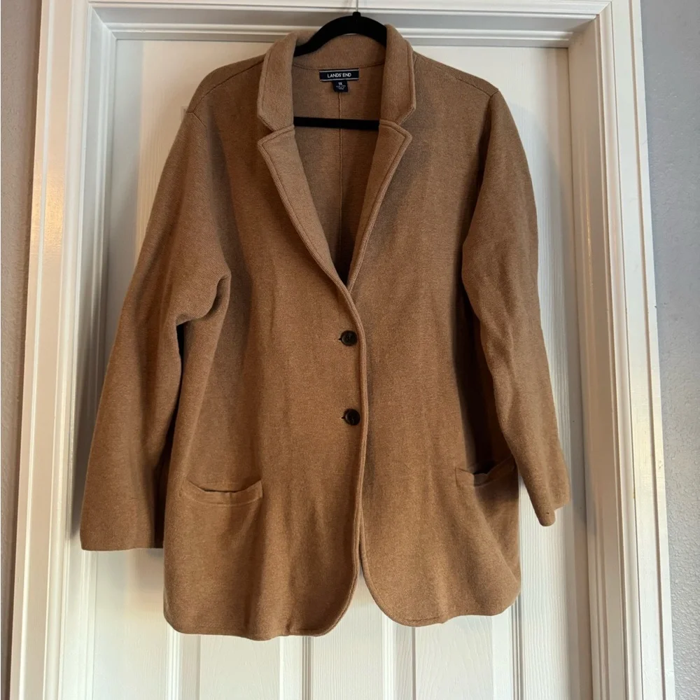 Lands' End Wool Cotton Blend Button Front Sweater Blazer in Camel 1X